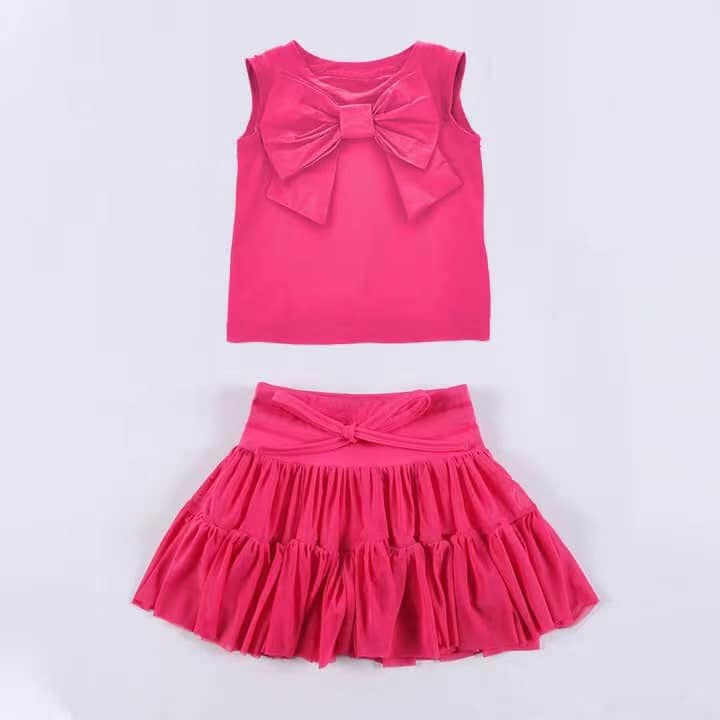Preorder Baby Girl Sleeveless Bow Vest Shirt Skirt Pink Clothes Set ( Moq 5 )