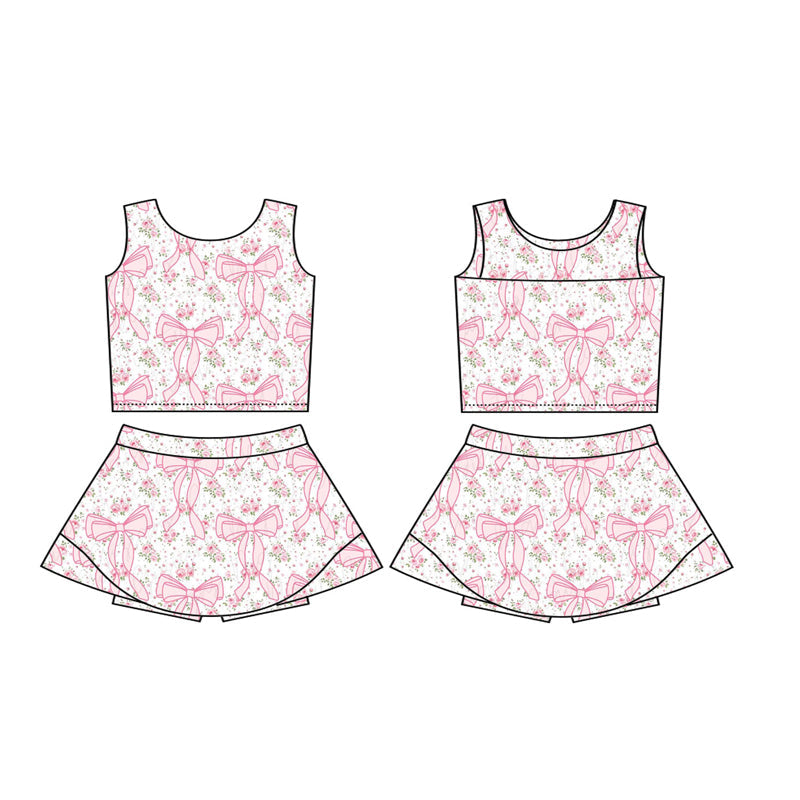Preorder Baby Girl Pink Bows Floral Shirt Yoga Active Wear Skirt Skort Set ( Moq 5 )
