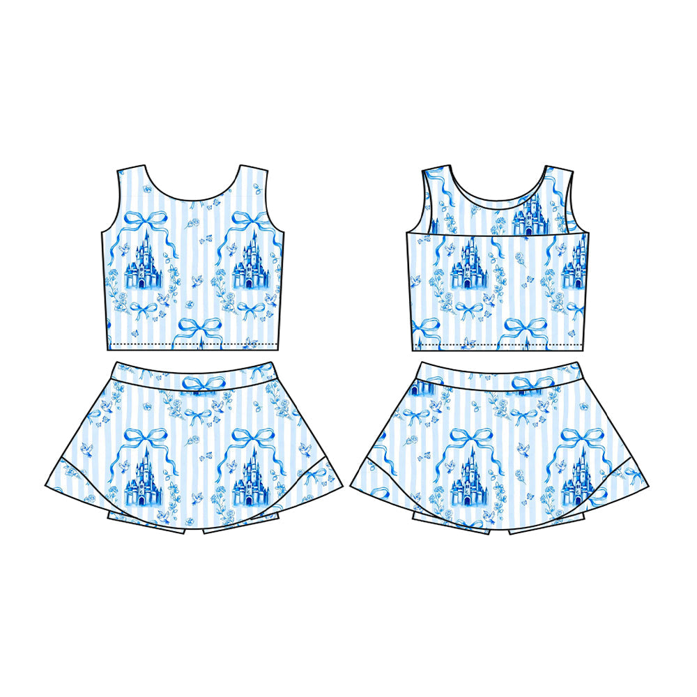 Baby Girl Blue Bows Floral Shirt Yoga Active Wear Skirt Skort Set RTS