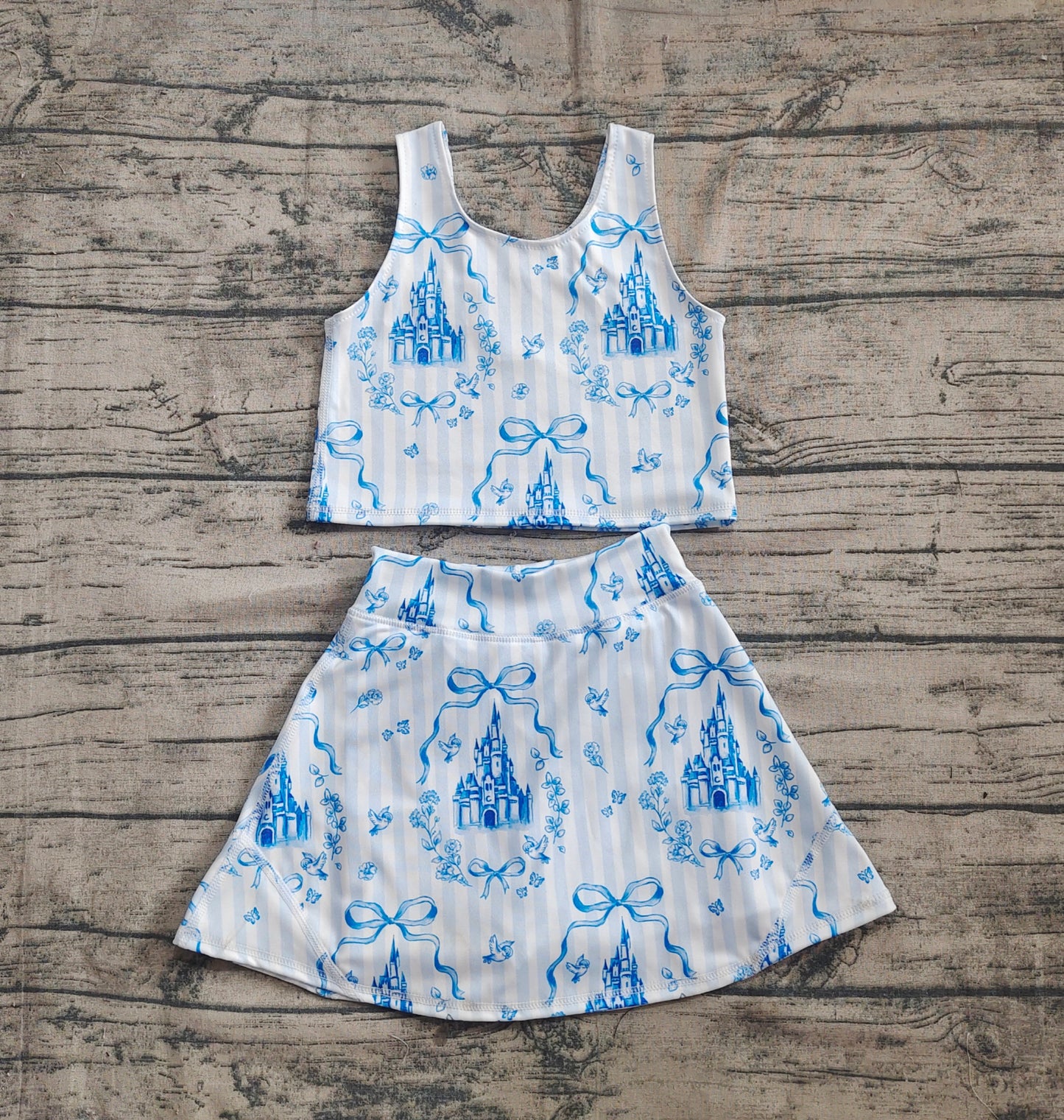 Baby Girl Blue Bows Floral Shirt Yoga Active Wear Skirt Skort Set RTS