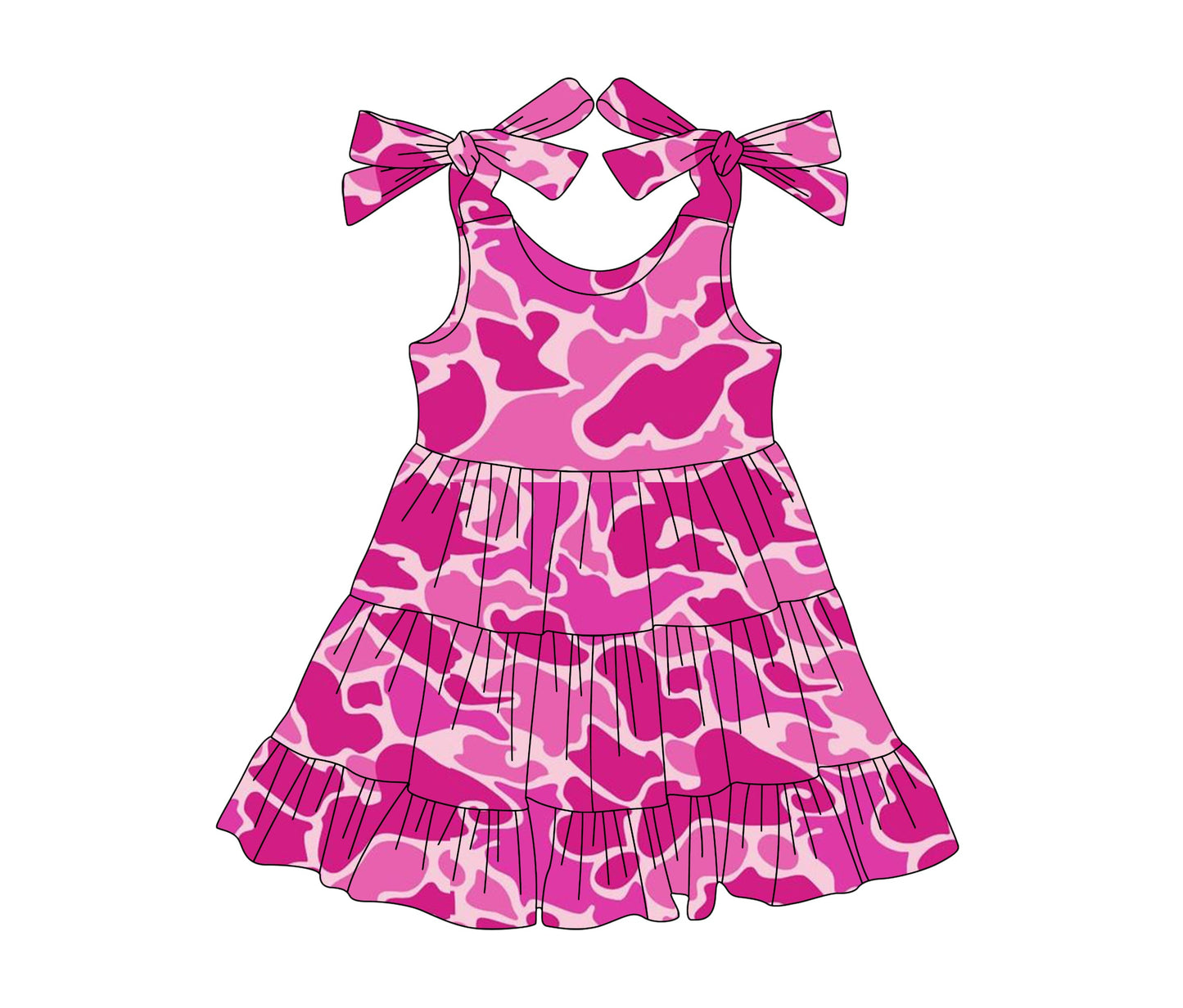 Preorder Baby Girl Straps Bows Pink Camo Summer Knee Length Dress ( Moq 5 )