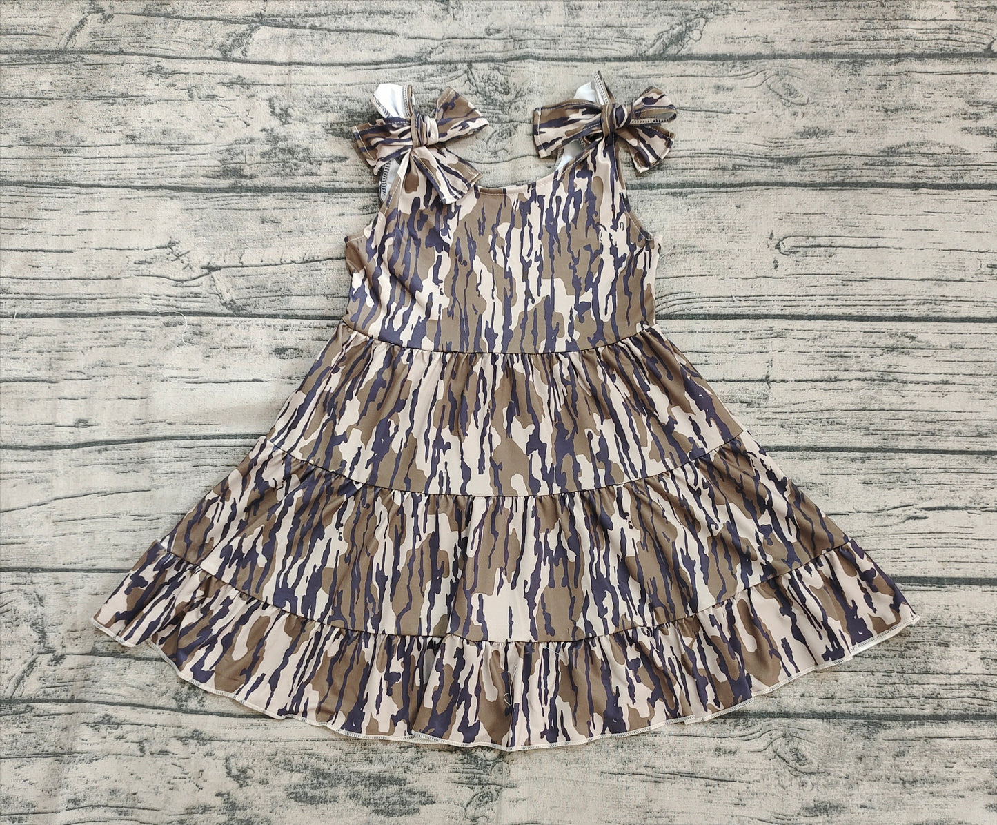 Baby Girl Straps Bows Camo Summer Knee Length Dress RTS