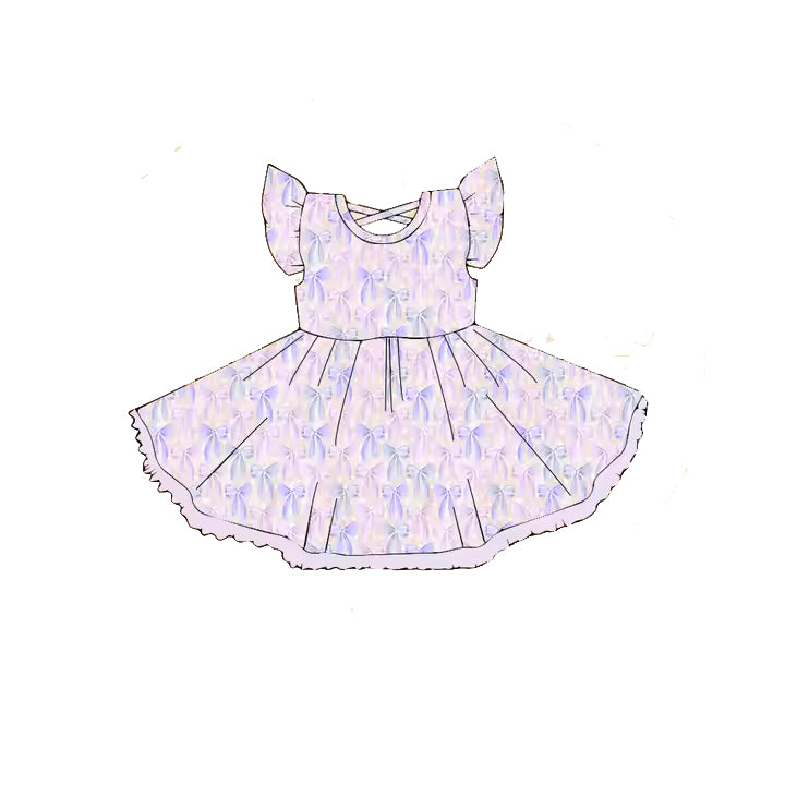 Preorder Baby Girl Short Sleeves Bows Knee Length Purple Twirl Dress ( Moq 5 )