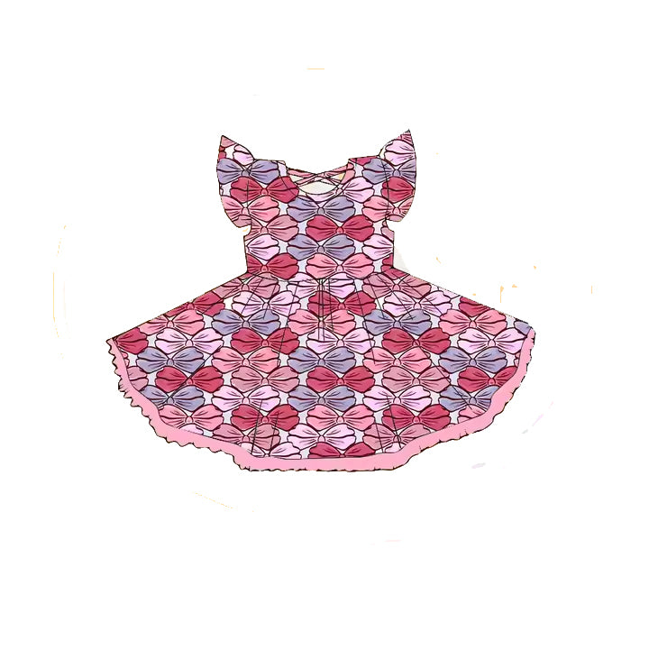 Preorder Baby Girl Short Sleeves Pink Bows Knee Length Twirl Dress ( Moq 5 )