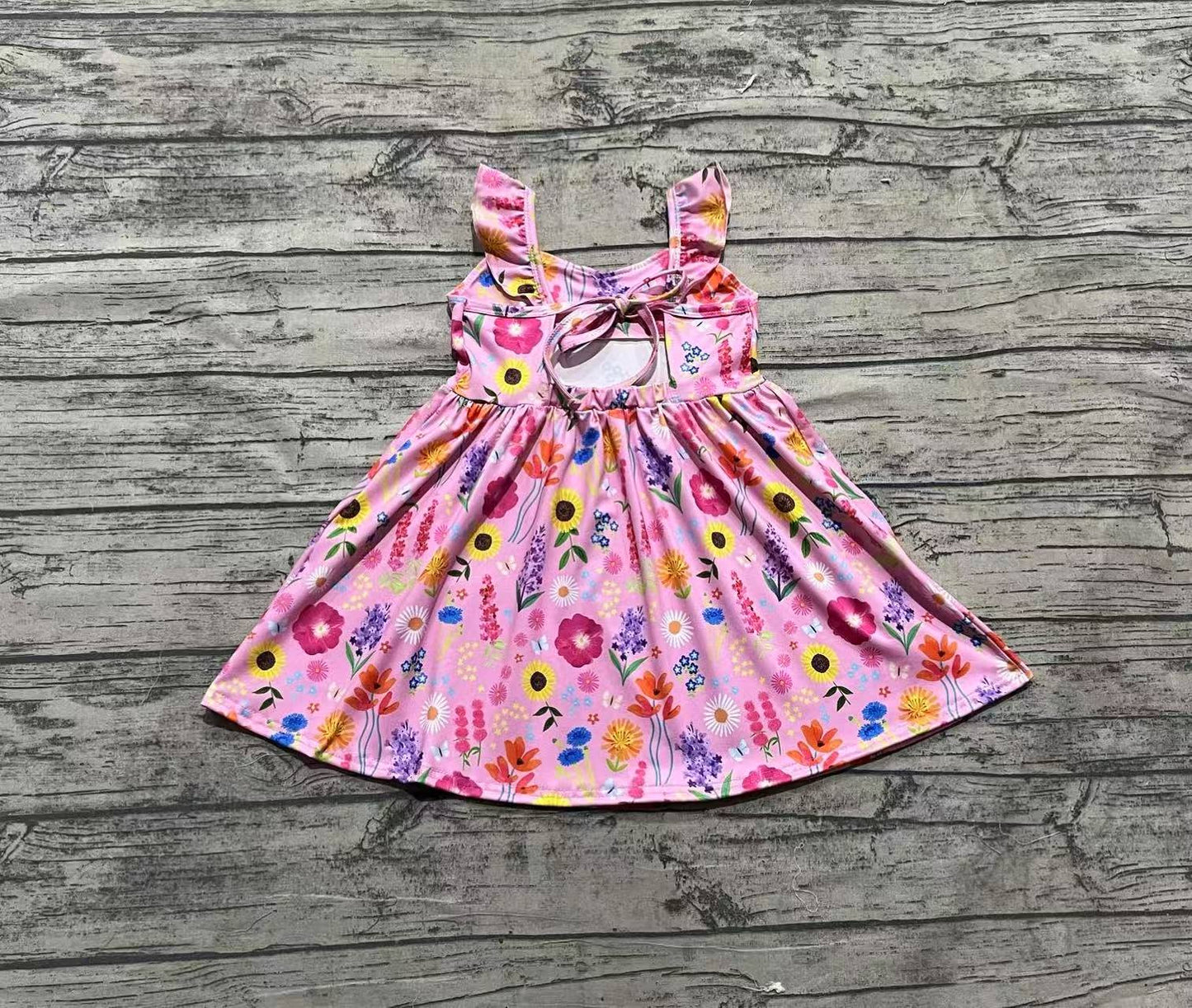 Baby Girl Short Sleeves Flower Bow Knee Length Pink Dress RTS