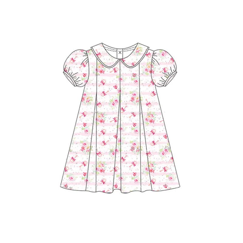 Preorder Baby Girl Short Sleeves Stripes Flower Knee Length Pink Dress ( Moq 5 )