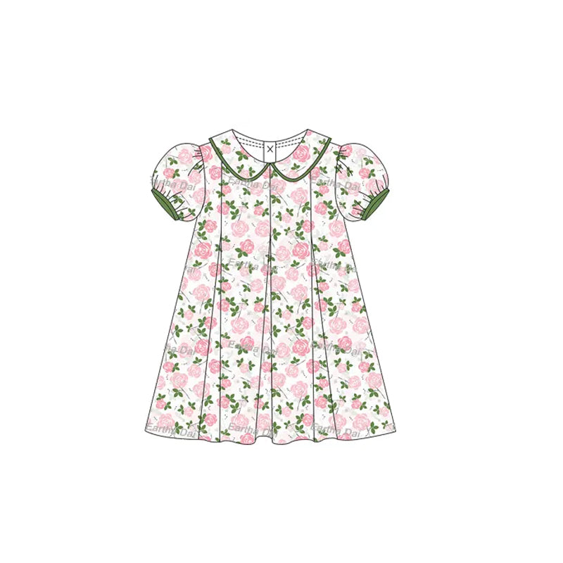 Preorder Baby Girl Green Short Ruffle Sleeves Pink Floral Knee Length Dress ( Moq 5 )