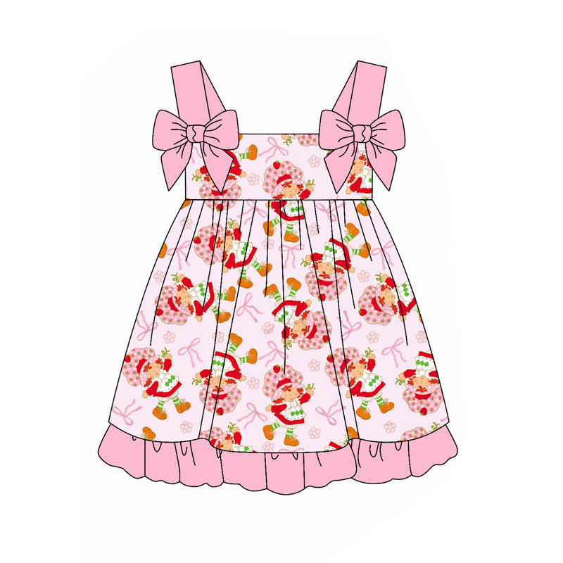 Baby Girl Pink Strap Bows Strawberry Floral Knee Length Dress RTS
