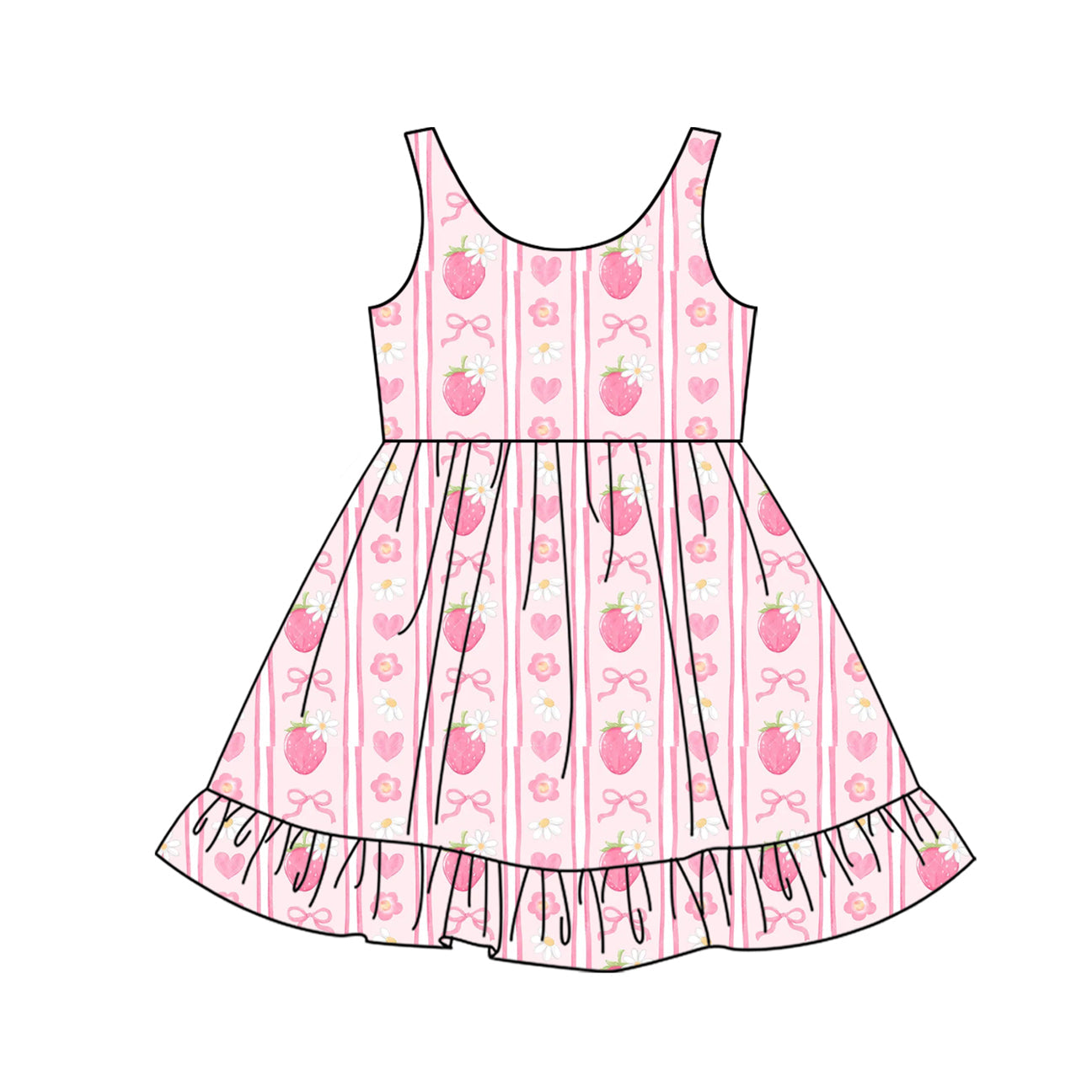 Preorder Baby Girl Sleeveless Bows Strawberry Stripes Pink Knee Length Dress ( Moq 5 )