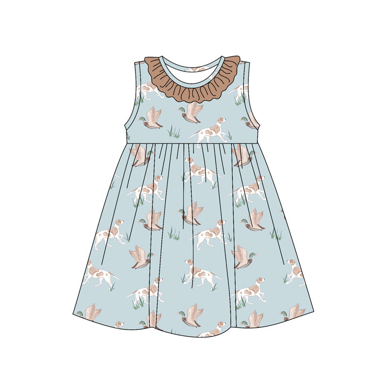 Preorder Baby Girl Sleeveless Dogs Ducks Ruffle Hunting Knee Length Dress ( Moq 5 )