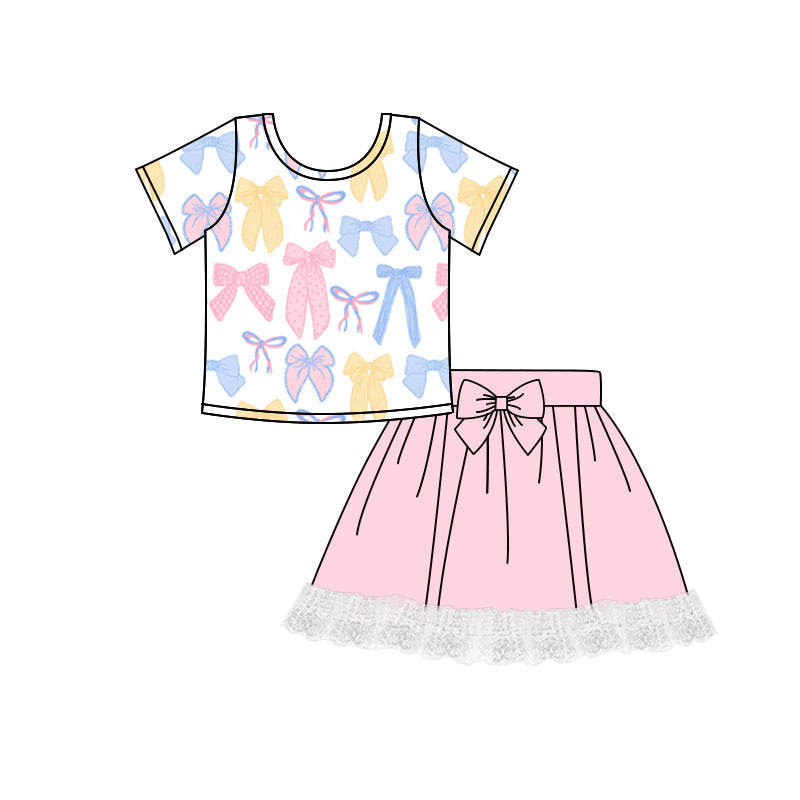 Preorder Baby Girl Short Sleeves Bows Shirt Pink Lace Skirt Skort Set ( Moq 5 )