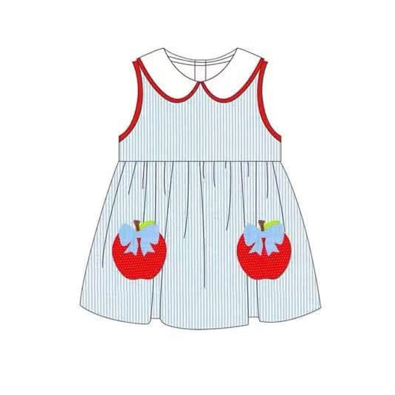 Preorder Baby Girl Sleeveless Blue Stripe Bows Apple Back To School Dress ( Moq 5 )