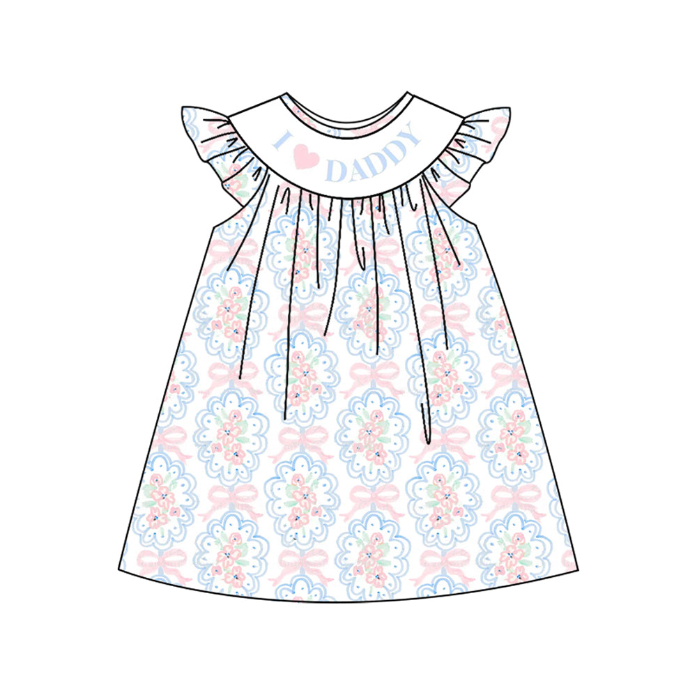 Preorder Baby Girl Short Sleeves I LOVE DADDY Bows Flower Knee Length Dress ( Moq 5 )