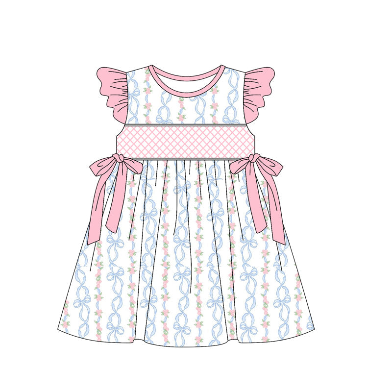 Preorder Baby Girl Short Sleeves Pink Bows Flower Knee Length Dress ( Moq 5 )