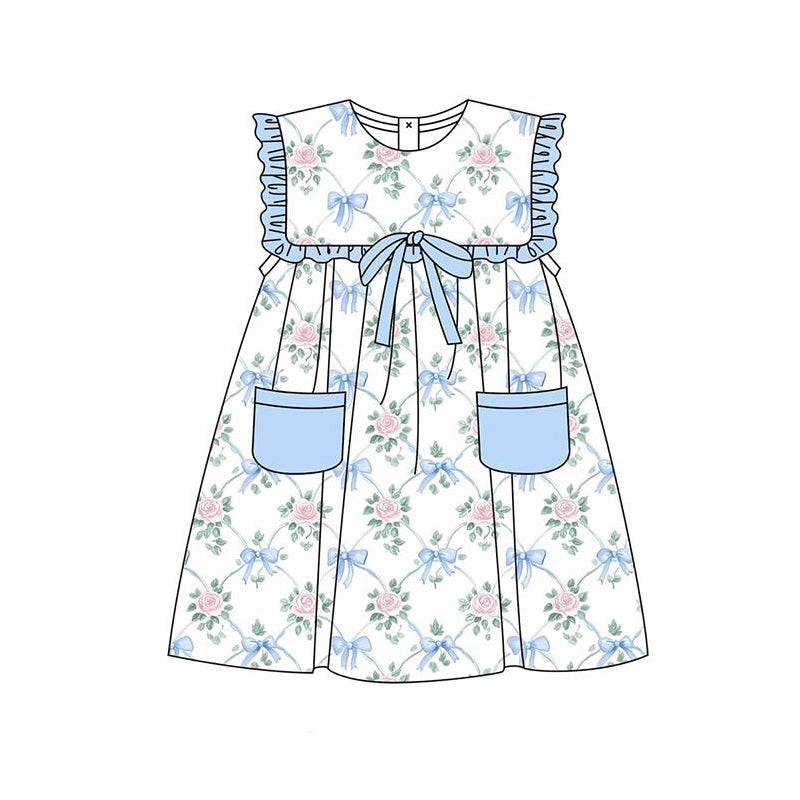 Baby Girl Sleeveless Bows Flower Blue Pockets Knee Length Dress RTS