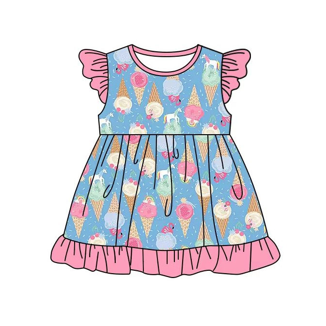 Preorder Baby Girl Short Sleeves Ice Cream Knee Length Pink Ruffle Dress ( Moq 5 )