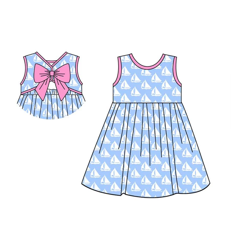 Preorder Baby Girl Sleeveless Boats Bow Knee Length Dress ( Moq 5 )