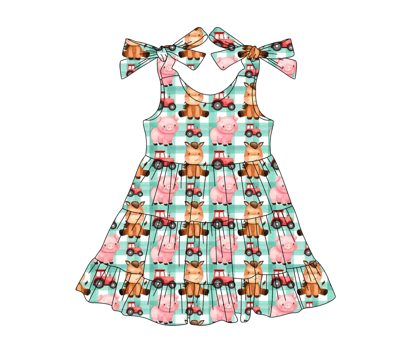 Preorder Baby Girl Straps Farm Animals Trucks Checked Knee Length Dress ( Moq 5 )