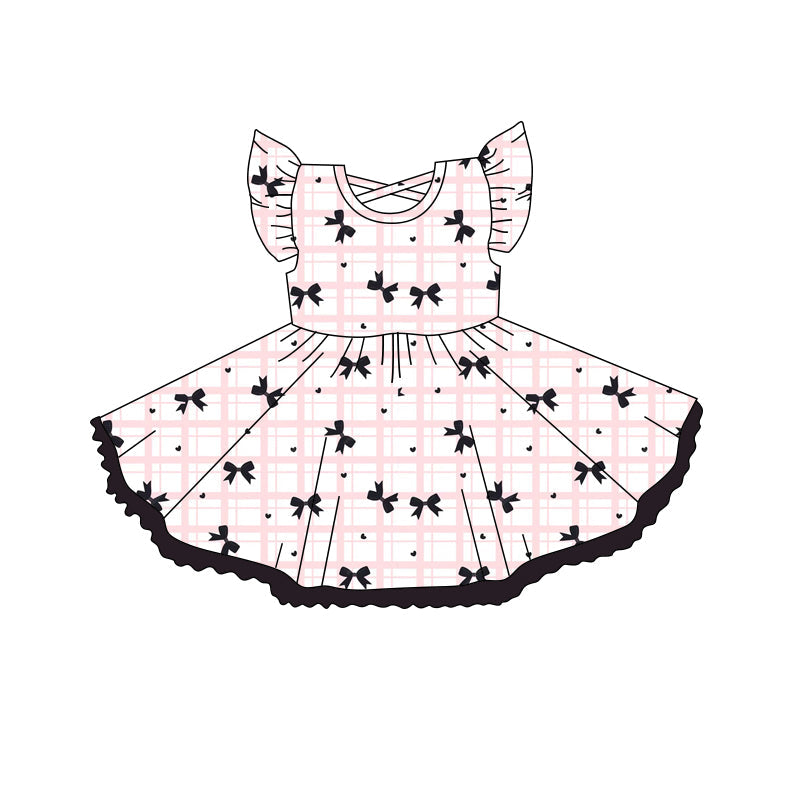 Preorder Baby Girl Short Sleeves Black Bows Checked Knee Length Twirl Dress ( Moq 5 )