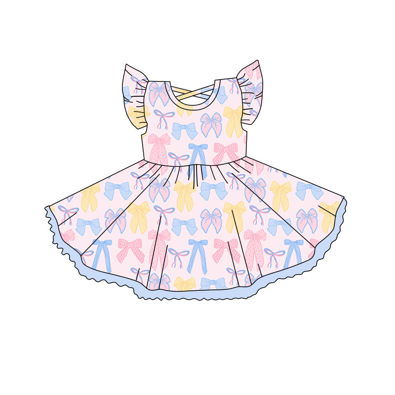 Preorder Baby Girl Short Sleeves Colorful Bows Knee Length Twirl Dress ( Moq 5 )