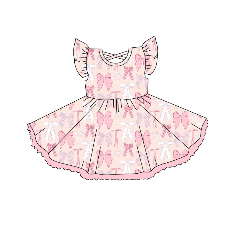 Preorder Baby Girl Short Sleeves Pink White Bows Knee Length Twirl Dress ( Moq 5 )