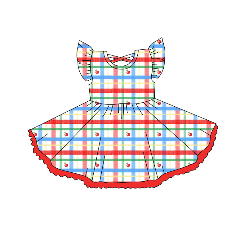 Preorder Baby Girl Short Sleeves Back To School Apple Checked Knee Length Twirl Dress ( Moq 5 )