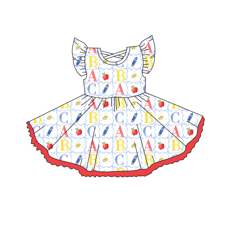Baby Girl Short Sleeves Back To School Pencil Apple Knee Length Twirl Dress RTS