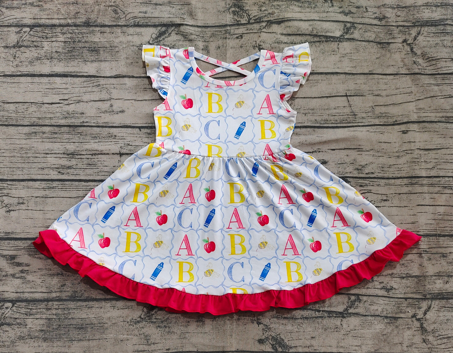 Baby Girl Short Sleeves Back To School Pencil Apple Knee Length Twirl Dress RTS