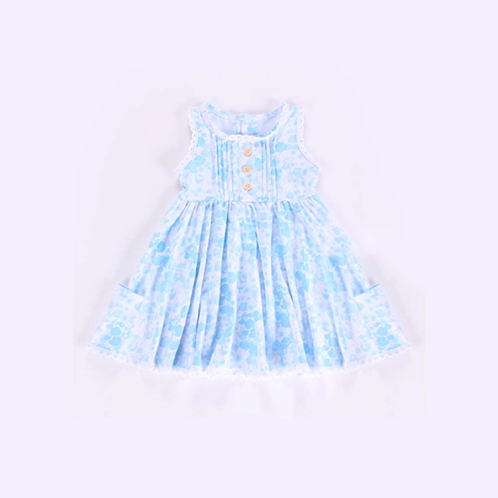 Preorder Baby Girl Sleeveless Buttons Blue Flower Pockets Knee Length Dress ( Moq 5 )