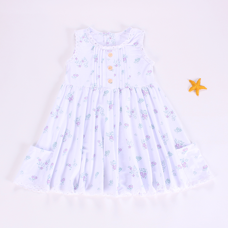 Preorder Baby Girl Sleeveless Buttons Flower Pockets Knee Length White Dress ( Moq 5 )