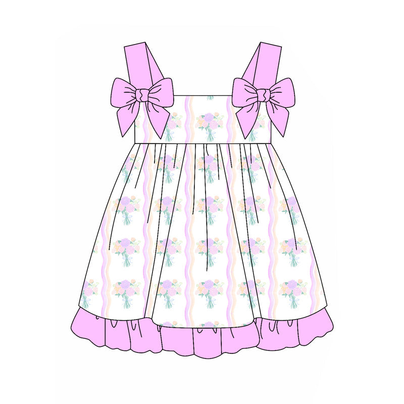 Preorder Baby Girl Straps Floral Purple Bows Ruffle Knee Length Dress ( Moq 5 )