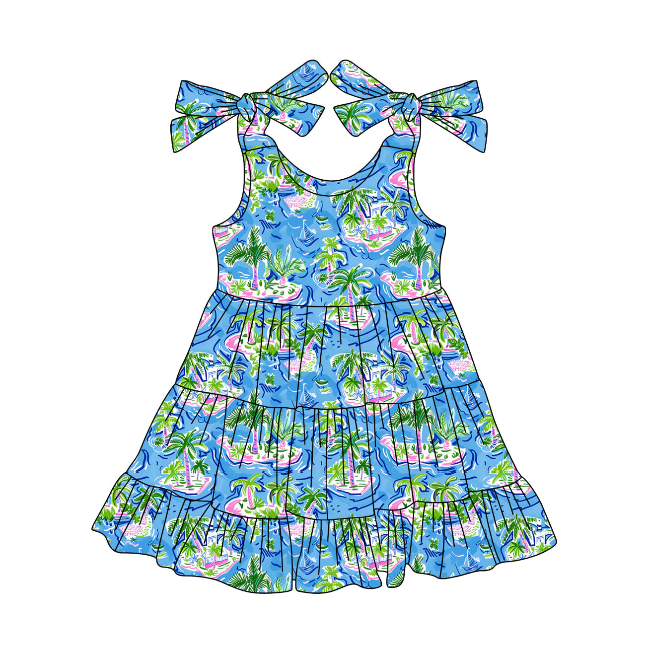 Preorder Baby Girl Bows Straps Beach Blue Knee Length Dress ( Moq 5 )