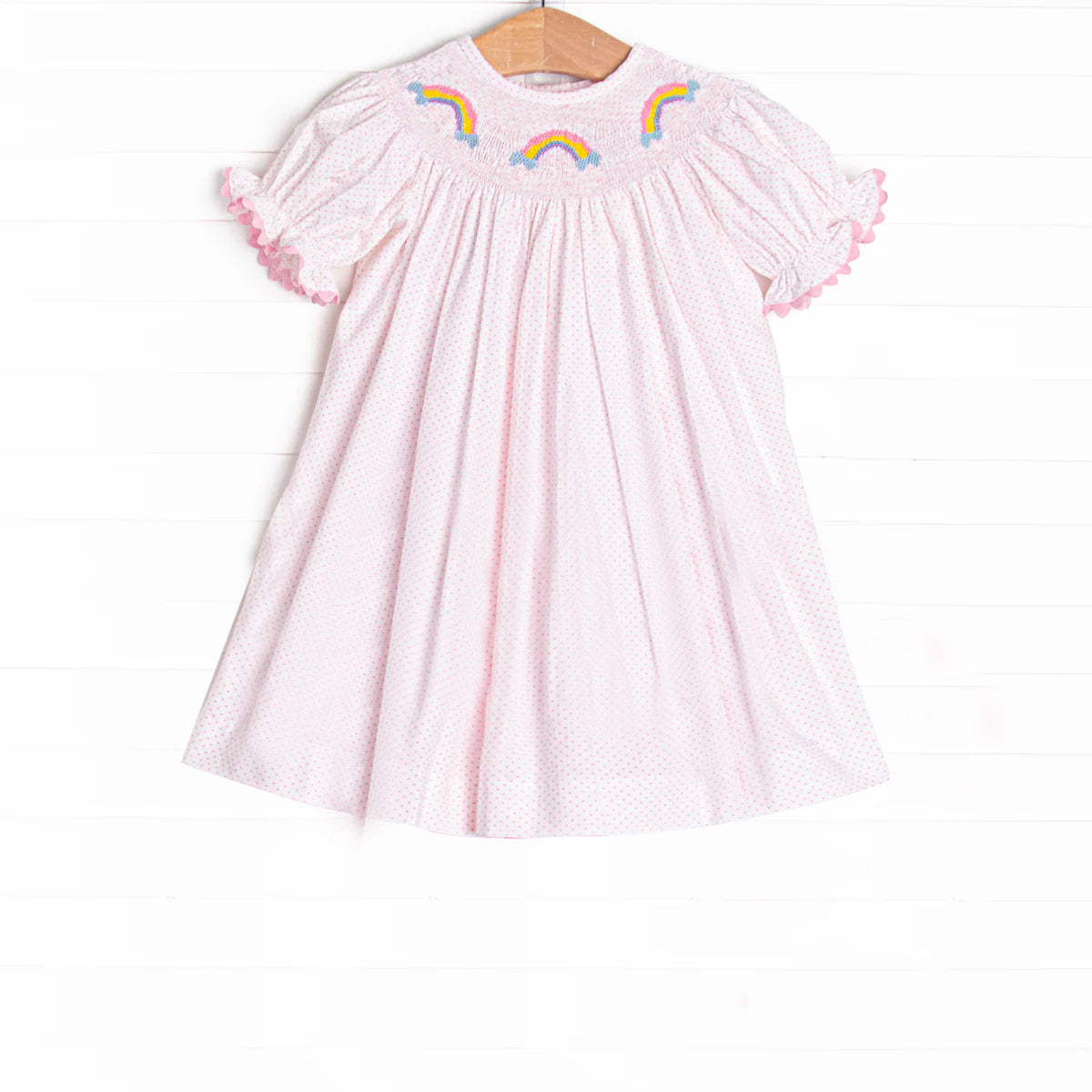 Preorder Baby Girl Short Sleeves Rainbow Dots Pink Knee Length Dress ( Moq 5 )
