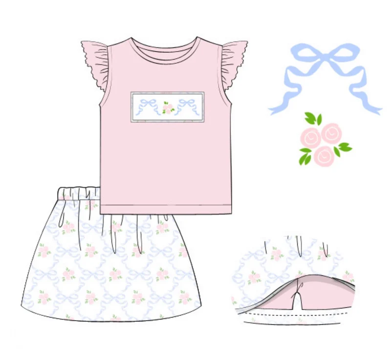Baby Girl Flower Bows Pink Shirt Skirt Shorts Skort Clothes Set
