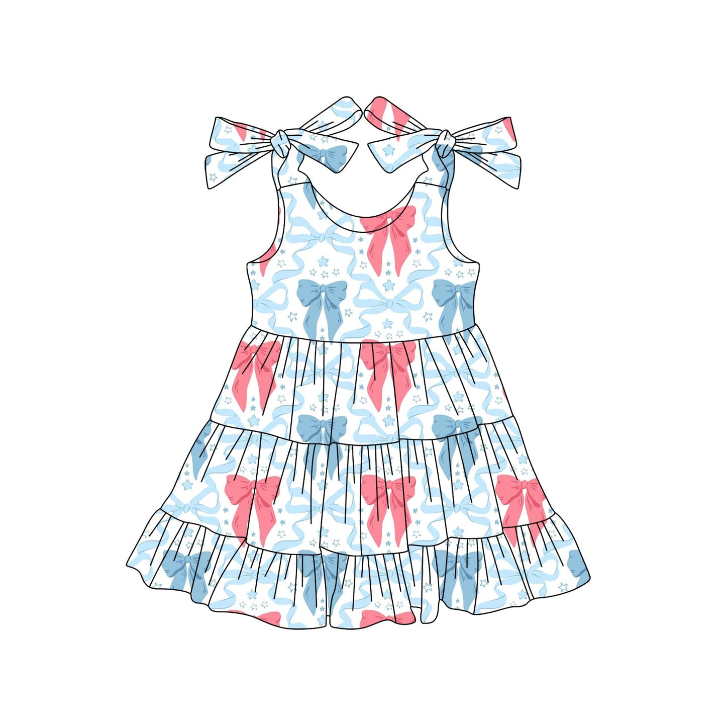 Preorder Baby Girl Straps RBows Stars 4th Of July Knee Length Dress ( Moq 5 )