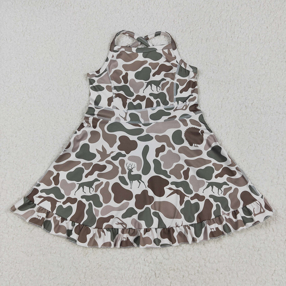 Baby Girl Straps Camo Yoga Ruffle Knee Length Dress Sibling Clothes RTS