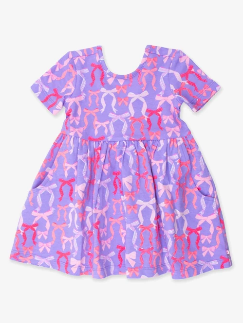Preorder Baby Girl Purple Short Ruffle Sleeves Bows Knee Length Dress ( Moq 5 )