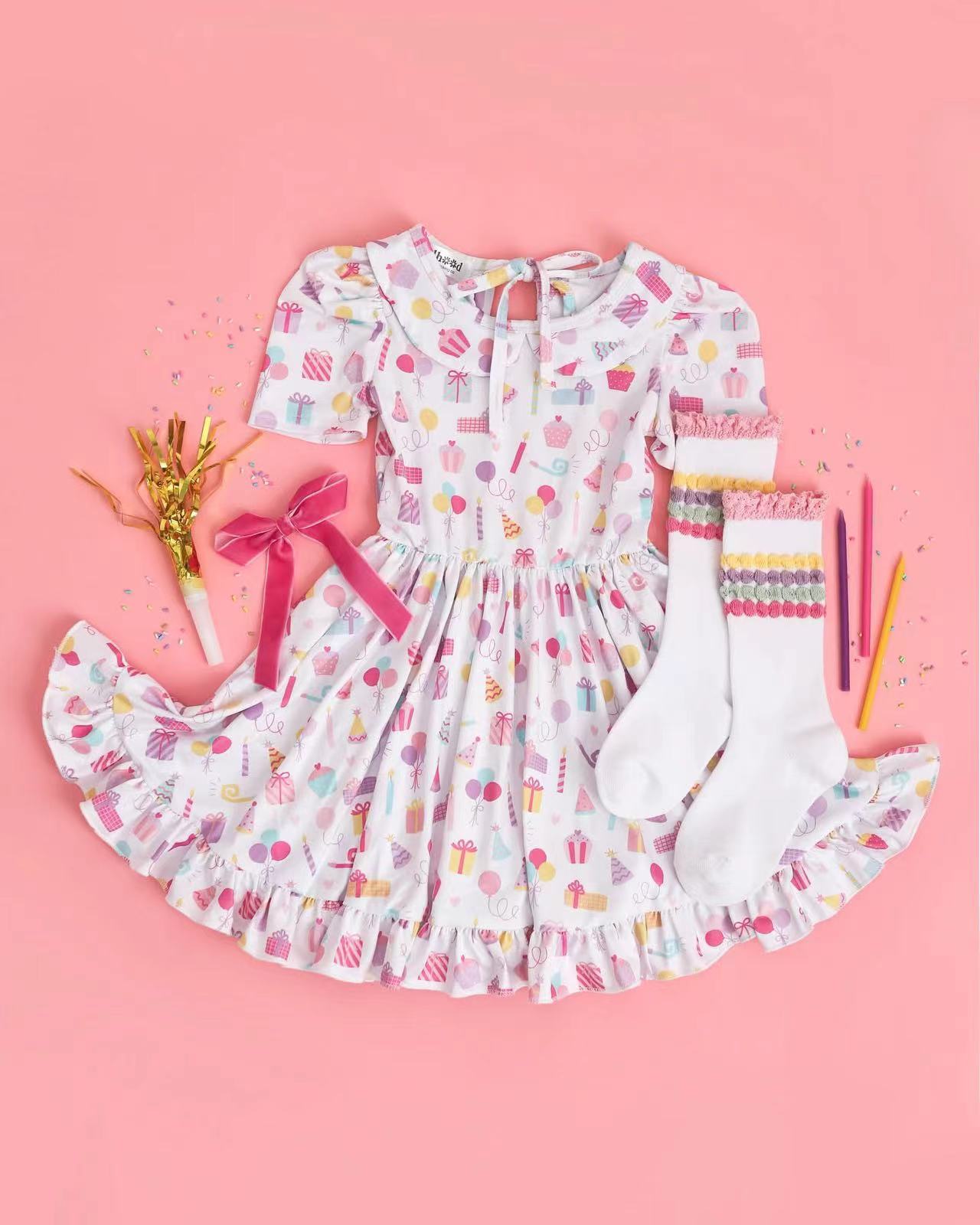 Preorder Baby Girl Short Sleeves Birthday Cakes White Knee Length Dress ( Moq 5 )