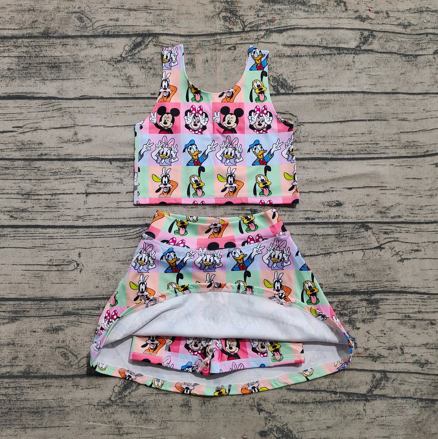 Baby Girl Mouse Ducks Dogs Checked Tops Skort Yoga Active Set RTS