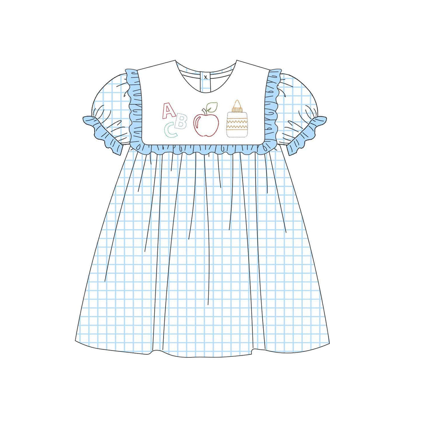 Preorder Baby Girl Back To School Apple Pencil Blue Plaid Knee Length Dress( Moq 5 )