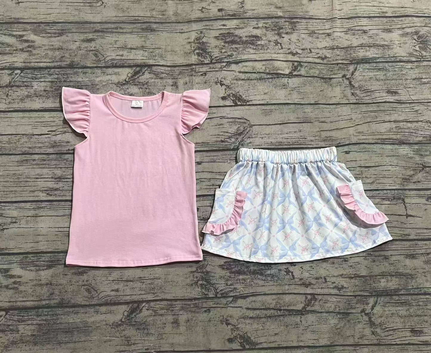 Baby Girl Short Sleeves Pink Shirt Flower Bows Pockets Skirt Set RTS