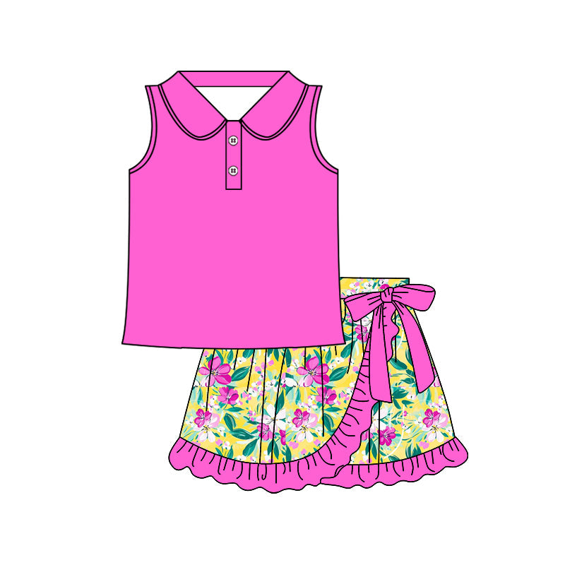 Preorder Baby Girl Hot Pink Sleeveless Button Shirt Flower Ruffle Skort Set ( Moq 5 )