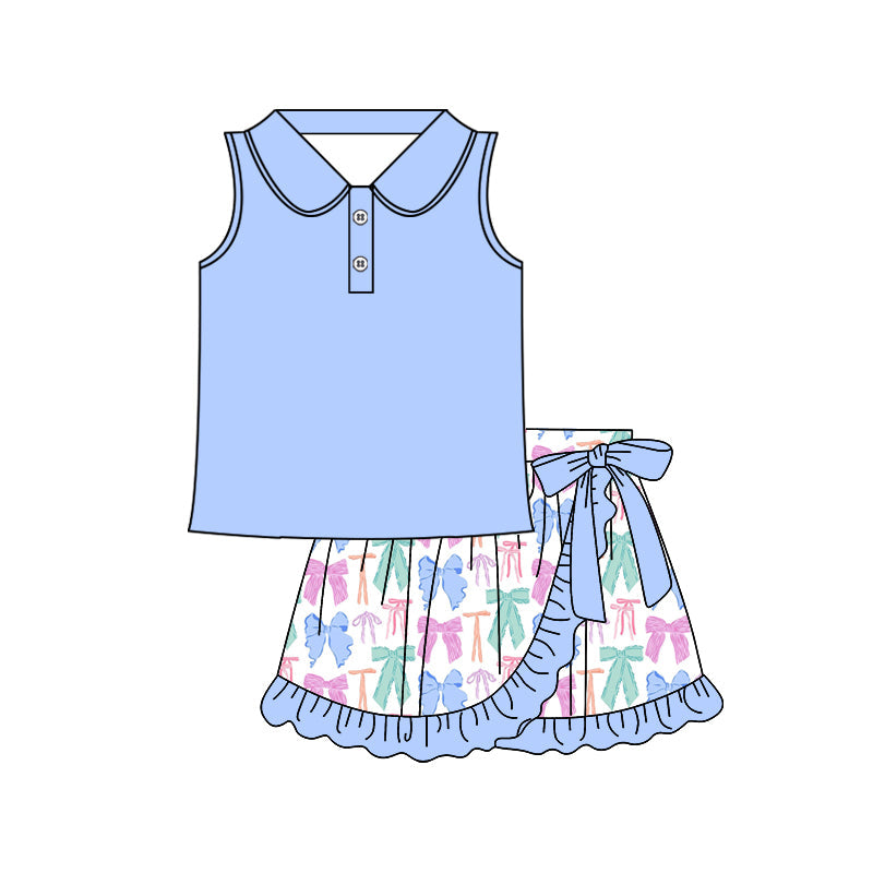 Preorder Baby Girl Blue Sleeveless Button Shirt Colorful Bows Ruffle Skort Set ( Moq 5 )