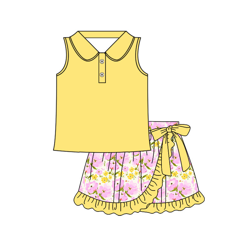 Preorder Baby Girl Yellow Sleeveless Button Shirt Flower Ruffle Skort Set ( Moq 5 )