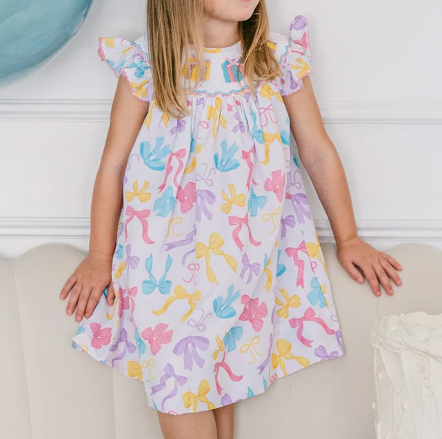 Preorder Baby Girl Short Sleeves Colorful Bows Knee Length Dress ( Moq 5 )