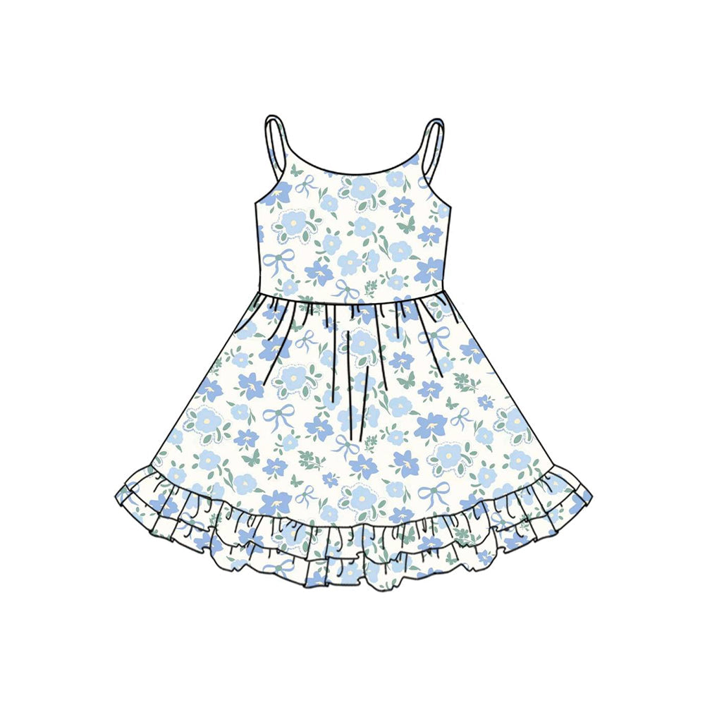 Baby Girl Straps Blue Flower Bows Knee Length Dress RTS