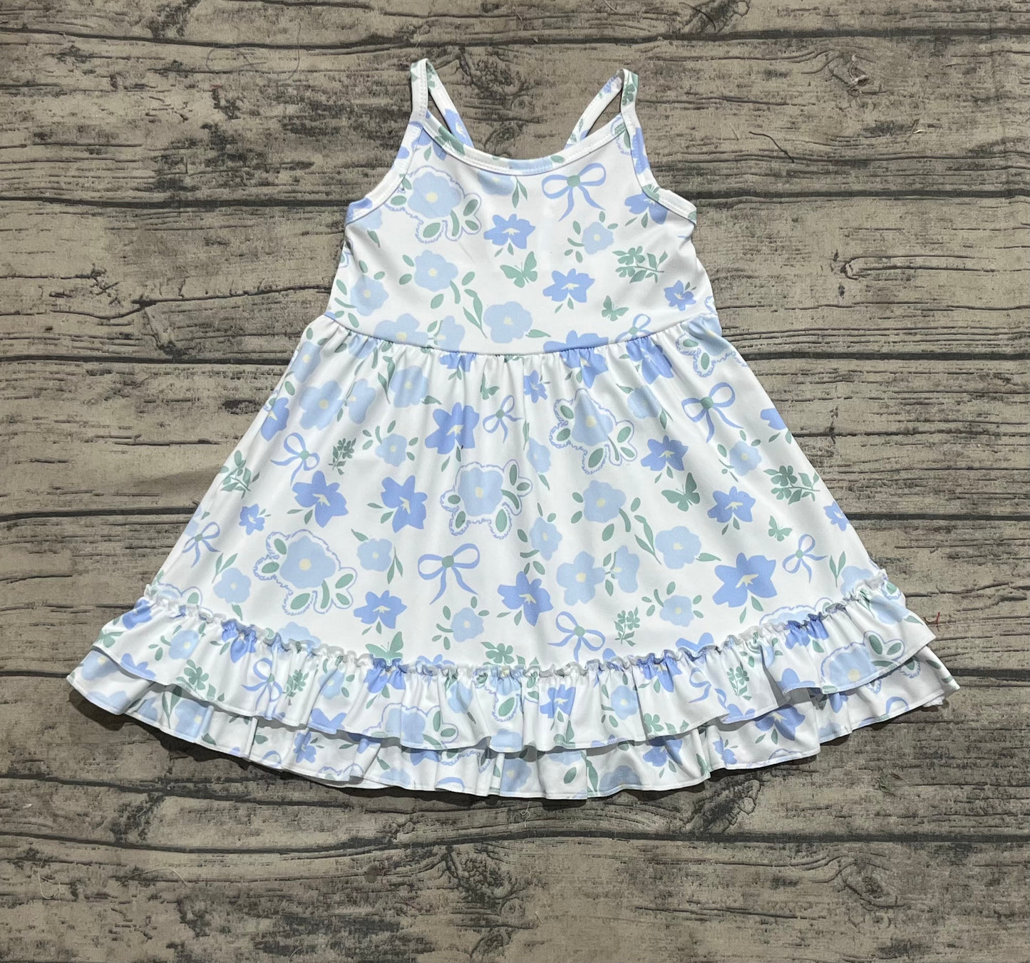Baby Girl Straps Blue Flower Bows Knee Length Dress RTS