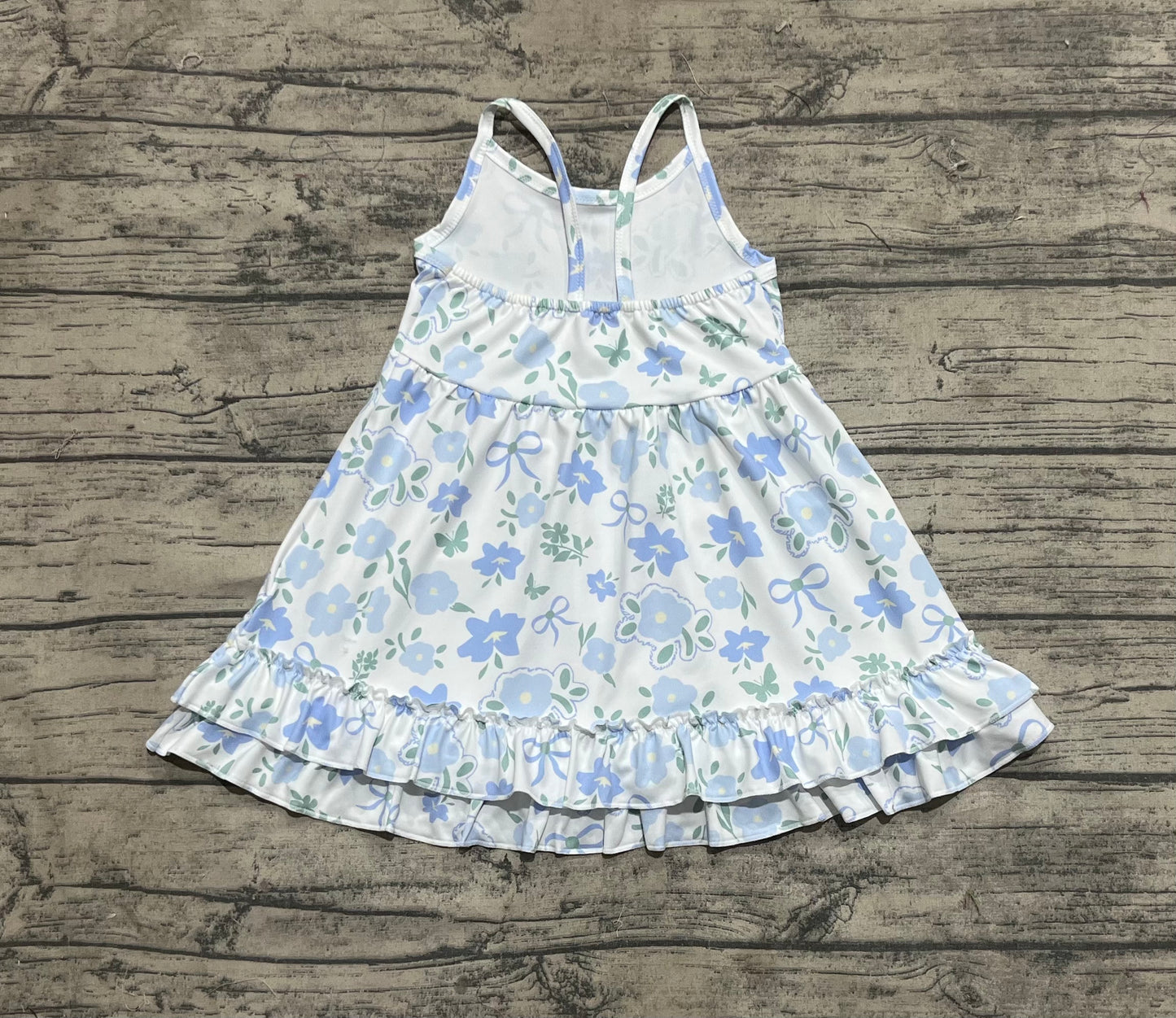 Baby Girl Straps Blue Flower Bows Knee Length Dress RTS
