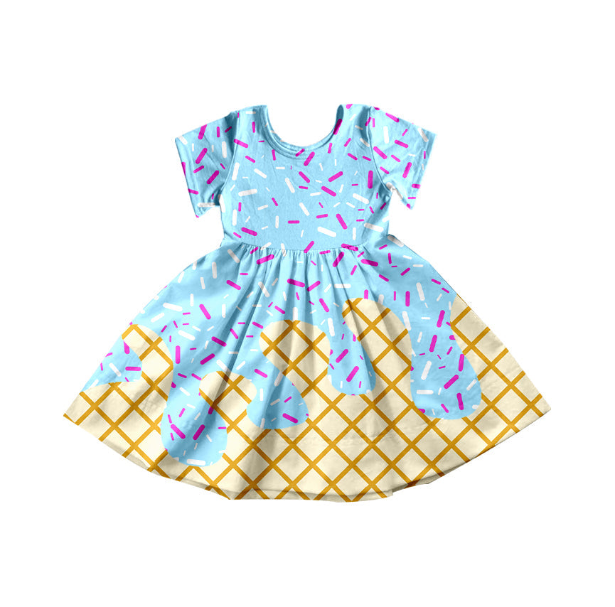 Preorder Baby Girl Short Sleeves Team Knee Length Blue Dress ( Moq 5 )