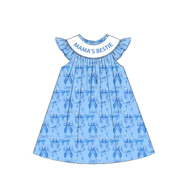 Preorder Baby Girl Sleeveless Mama's Bows Knee Length Blue Dress ( Moq 5 )